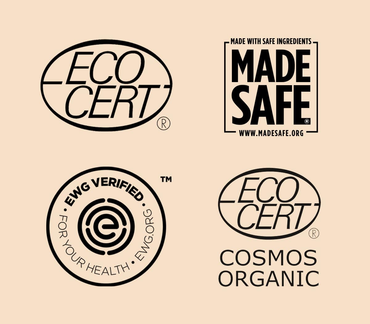 Ecocert Cosmos Organic Logo, Ecocert Logo, EWG Verified Badge, Made with Safe Ingredients Badge